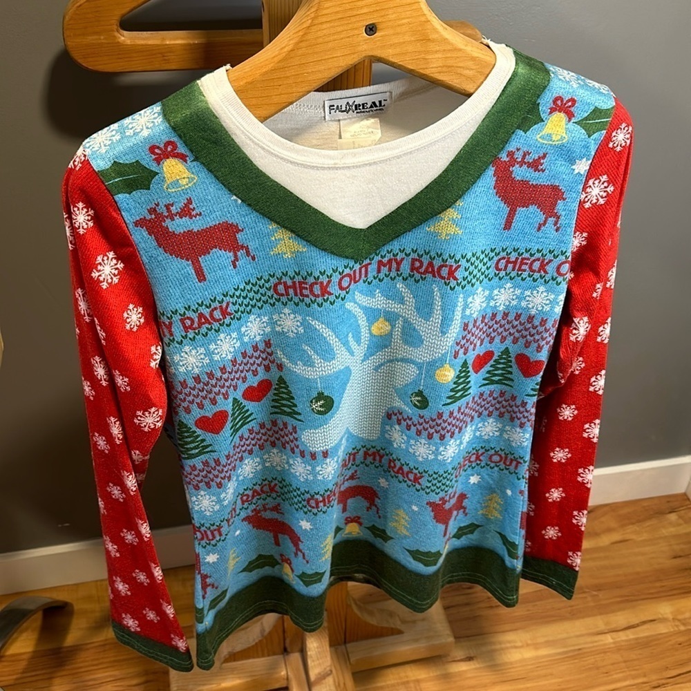 Faux real photo realistic apparel Christmas ugly sweater size L GUC
